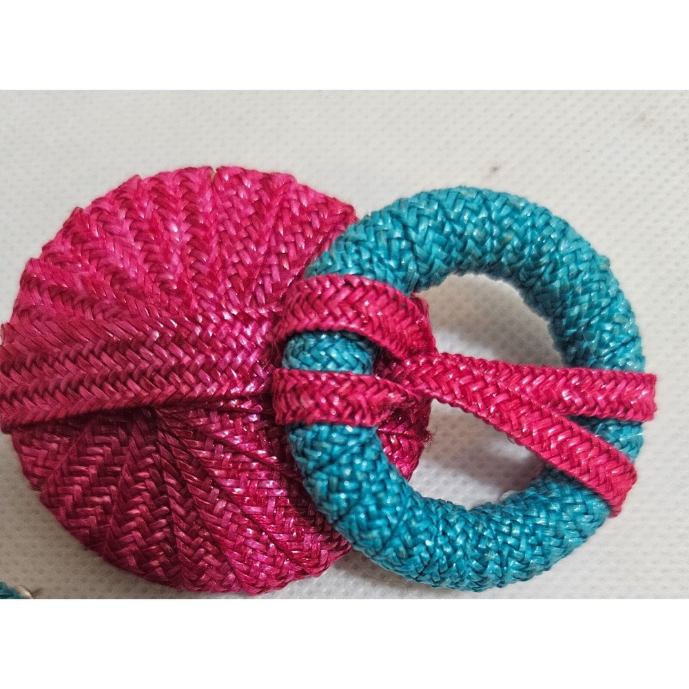 Vintage HOT Pink and Turquoise Blue Raffia Weave Oval Earrings Brooch Pin‎ 80's - Picture 4 of 9